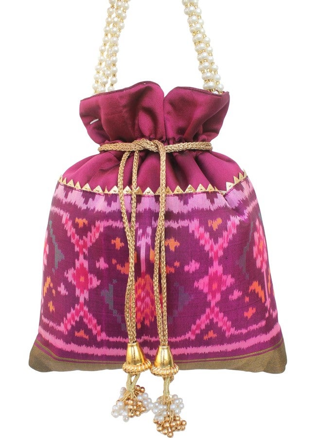 MILAN'S CREATION Pure Patola Silk Potli Single Ikkat/Rajkoti Bag Purse Beautiful Pearl Handle Tassels Women’s Handbag Royal Wedding Festival (Pink) - Image 2